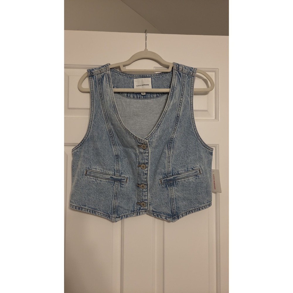 Lucky Brand 100% Cotton Jean Vest Women's Large Button Front Cowgirl Rodeo